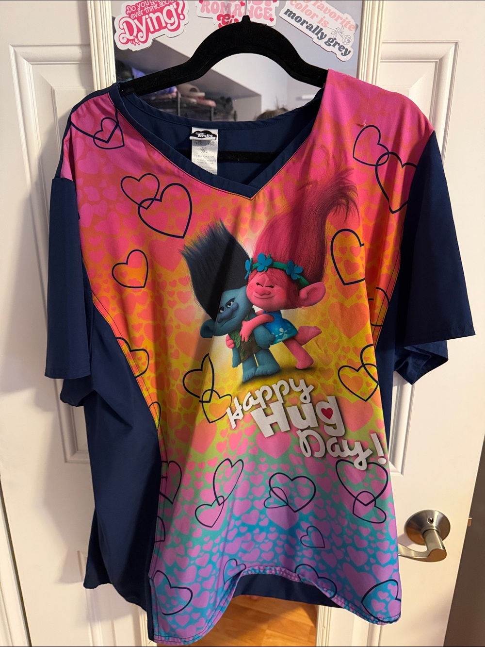 Trolls Happy Hug Day Scrub Top - Pink & Navy